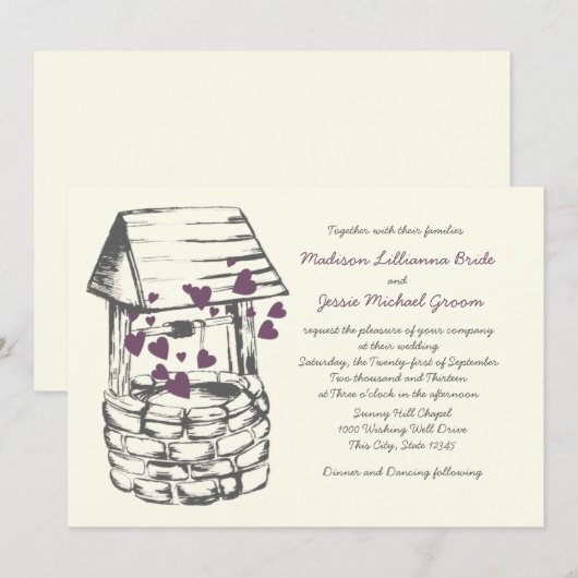 Invitation Souhaitez bien Coeurs de prune Mariages (Devant / Derrière)