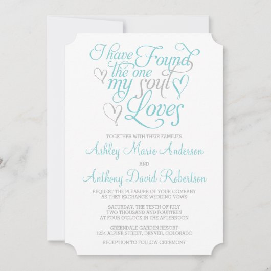 Invitation Soul gris turquoise aime Mariage de coeur (Devant)
