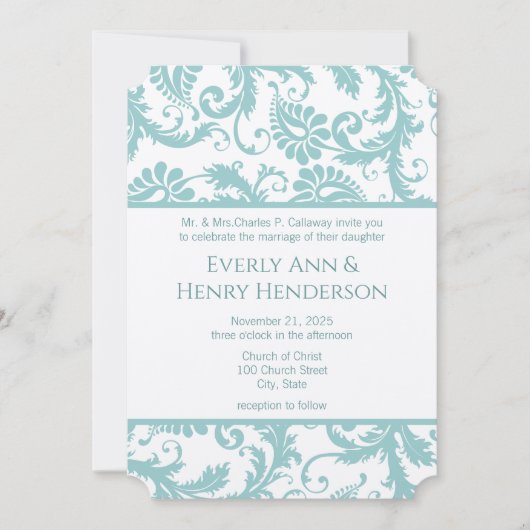 Invitation Soumis Mars 8 Aqua Blue Victorian Damask (Devant)