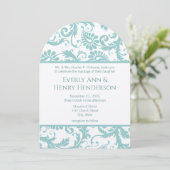 Invitation Soumis Mars 8 Aqua Blue Victorian Damask (Debout devant)