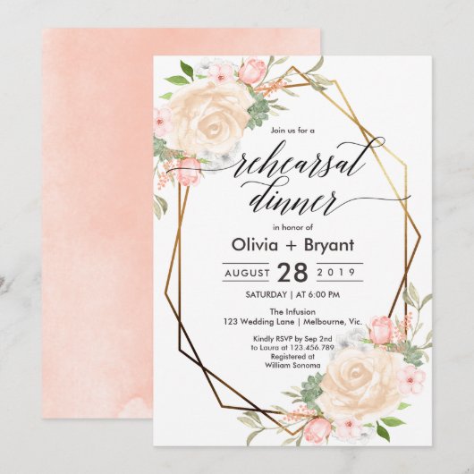 Invitation Souper de répétition de cadre géométrique à l'or f (Devant / Derrière)