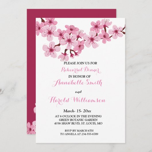 Invitation Souper de répétition Fleur de Cerisier Rose Blanc (Devant / Derrière)