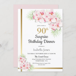 Invitation Souper Floral rose et or Surprise 90e anniversaire