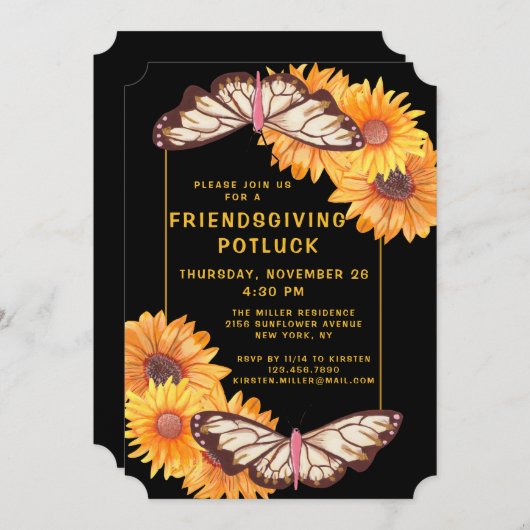 Invitation Souper Friendsgiving Potluck Tournesol Papillon (Devant / Derrière)