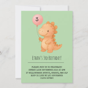 Invitation Souriant rose Dino tenant le ballon Anniversaire