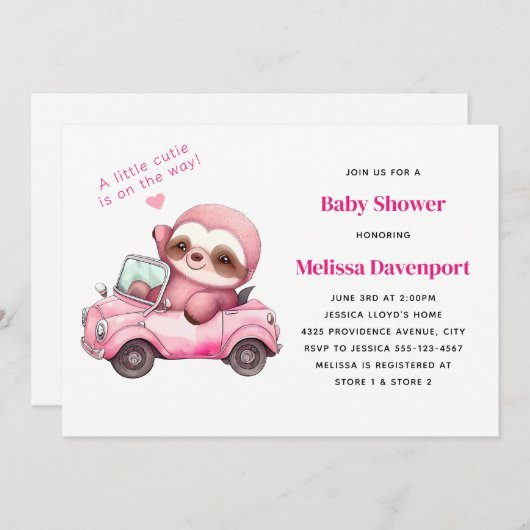 Invitation Sourire rose Sloth dans un Baby shower convertible (Devant / Derrière)