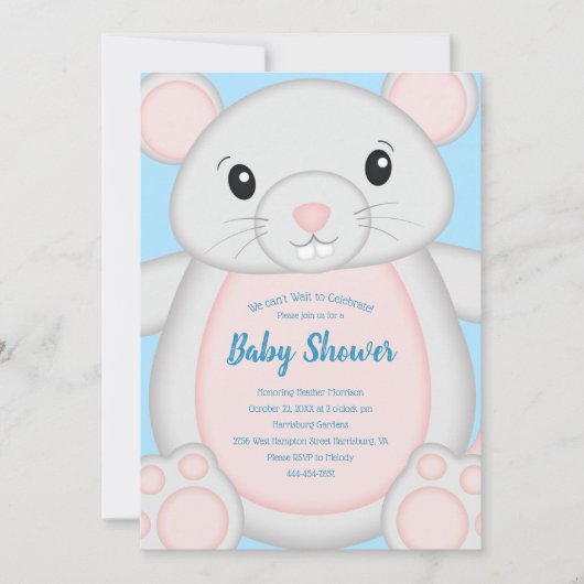Invitation Souris Baby shower bleu (Devant)