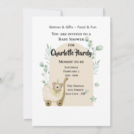 Invitation Souris Baby shower mignonne et Pram (Devant)