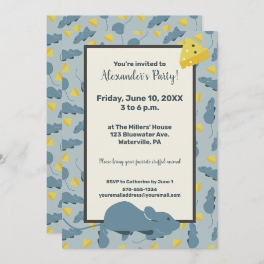 Invitation Souris bleue et fromage Fête d'anniversaire person (Devant / Derrière)