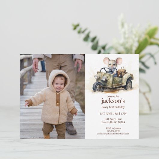 Invitation Souris d'aquarelle en vert 1er anniversaire (Debout devant)