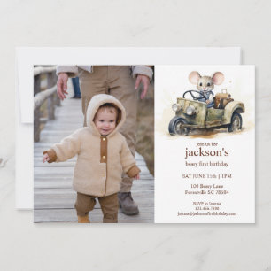 Invitation Souris d'aquarelle en vert 1er anniversaire