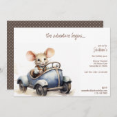 Invitation Souris d'aquarelle mignonne dans Blue Kid's Birthd (Devant / Derrière)