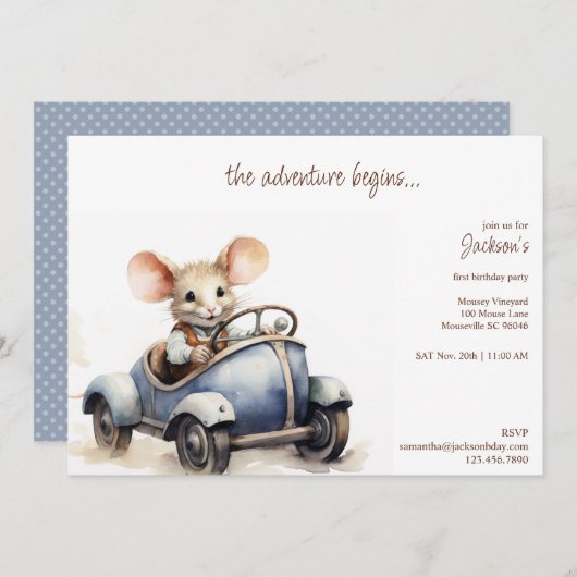 Invitation Souris d'aquarelle mignonne dans Blue Kid's Birthd (Devant / Derrière)