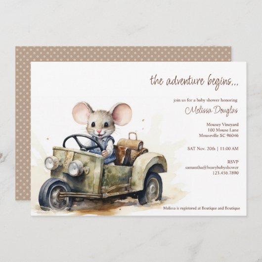 Invitation Souris d'aquarelle mignonne en Baby shower de voit (Devant / Derrière)