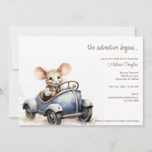 Invitation Souris d'aquarelle mignonne en Baby shower voiture (Devant)