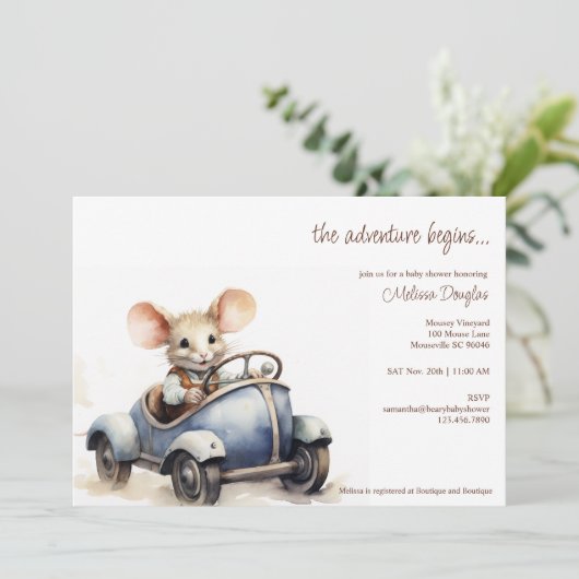 Invitation Souris d'aquarelle mignonne en Baby shower voiture (Debout devant)