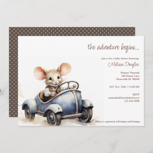 Invitation Souris d'aquarelle mignonne en Baby shower voiture (Devant / Derrière)