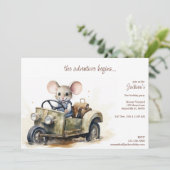 Invitation Souris d'aquarelle mignonne en voiture verte Anniv (Debout devant)