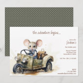 Invitation Souris d'aquarelle mignonne en voiture verte Anniv (Devant / Derrière)