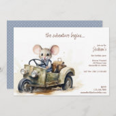 Invitation Souris d'aquarelle mignonne en voiture verte Anniv (Devant / Derrière)