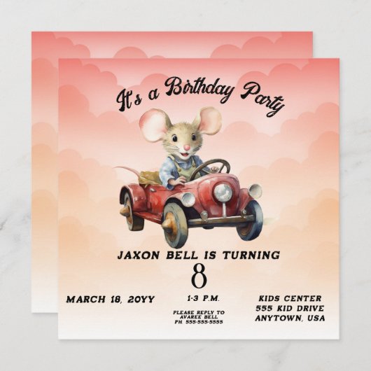Invitation Souris de conduite Garçon 8 ans Anniversaire (Devant / Derrière)