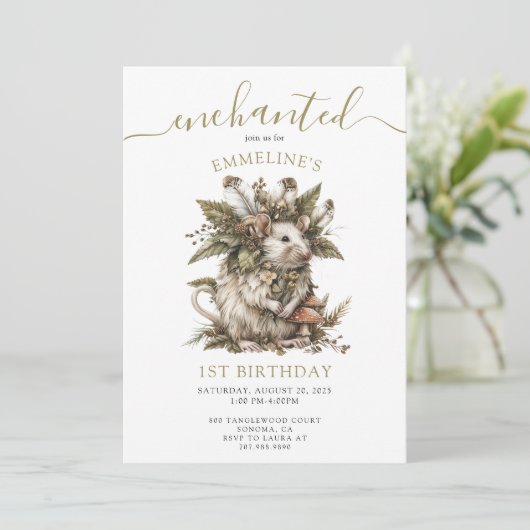Invitation Souris de forêt enchantée 1er anniversaire (Debout devant)