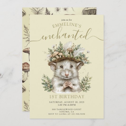Invitation Souris de la forêt enchantée 1er anniversaire (Devant / Derrière)