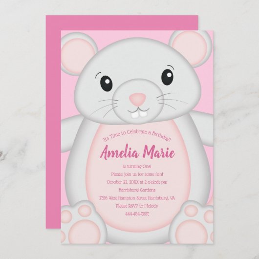 Invitation Souris fête d'anniversaire rose (Devant / Derrière)