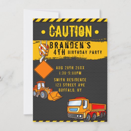 Invitation Sous Construction Camions de prudence Anniversaire (Devant)