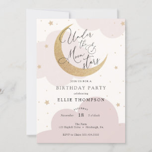 Invitation Sous la lune et les étoiles Couche rose Anniversai