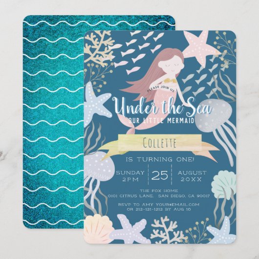 Invitation Sous la marine des sirènes de mer 1er anniversaire (Devant / Derrière)