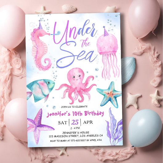 Invitation Sous La Mer ! 10e anniversaire fille rose Océan