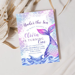 Invitation Sous la mer 1er anniversaire fête mignonne rose bl