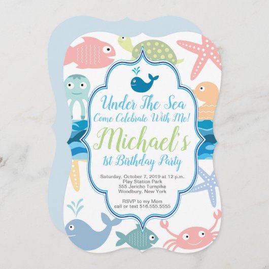 Invitation Sous la mer 1er Anniversaire Poisson, (Devant / Derrière)