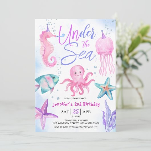 Invitation Sous La Mer ! 2e anniversaire fille rose océan (Debout devant)
