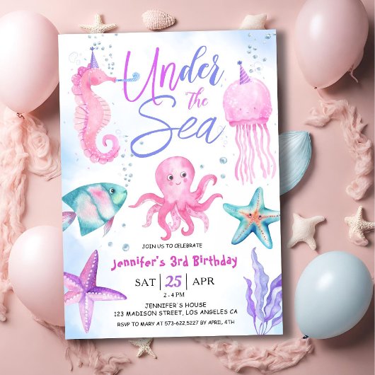 Invitation Sous La Mer ! 3e anniversaire fille rose océan