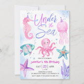 Invitation Sous La Mer ! 4e anniversaire fille rose océan (Devant)