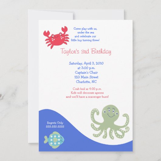 Invitation Sous la mer 5x7 Calypso Crabe d'anniversaire (Devant)