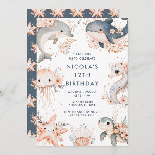 Invitation Sous la mer Animaux fête d'anniversaire (Devant / Derrière)