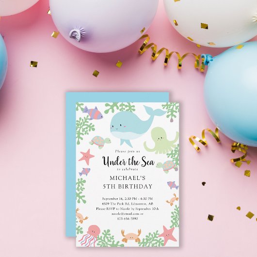 Invitation Sous la mer Anniversaire Cute Pastel Ocean Whale