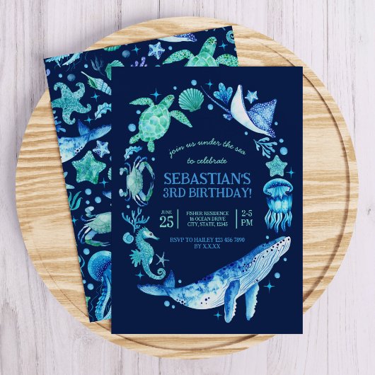 Invitation Sous la mer avec baleines, méduses, Chevaux de mer