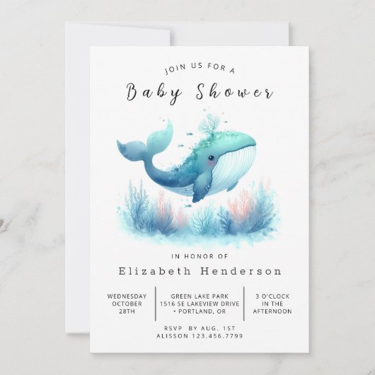 Invitation Sous la mer Baby shower de baleines imprimable (Devant)