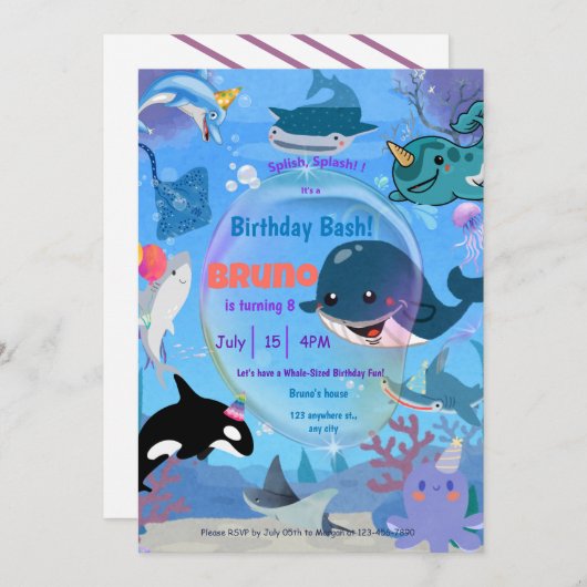 Invitation Sous la mer baleine requins méduse (Devant / Derrière)