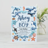 Invitation Sous la Mer Bleue Ahoy C'est un Baby shower de gar (Debout devant)
