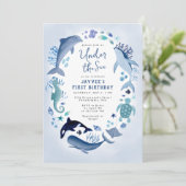 Invitation Sous la mer Blue Boy premier anniversaire (Debout devant)