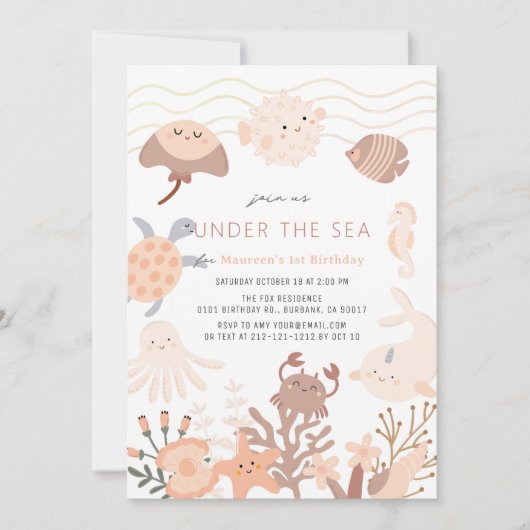 Invitation Sous la mer Créatures Fille rose Anniversaire (Devant)