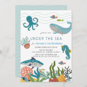 Invitation Sous la mer Créatures Marine Vie 1er anniversaire (Devant / Derrière)