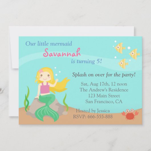 Invitation Sous la mer, fête d'anniversaire mignonne de fille (Devant)