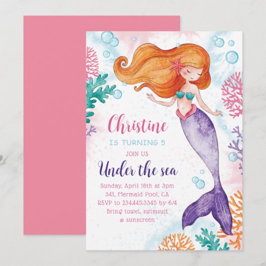 Invitation Sous la mer Fille Sirène Fête d'anniversaire (Devant / Derrière)