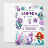 Invitation Sous la mer, Filles d'anniversaire de sirène (Devant / Derrière)